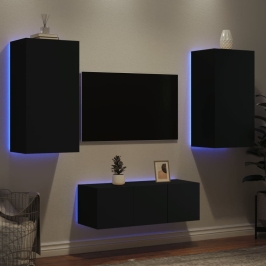 Muebles de TV de pared con LED 4 pzas madera ingeniería negro