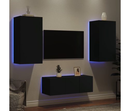 Muebles de TV de pared con LED 4 pzas madera ingeniería negro