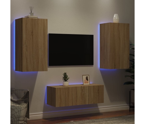 Muebles TV pared con LED 4 pzas madera ingeniería roble Sonoma