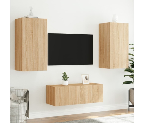 Muebles TV pared con LED 4 pzas madera ingeniería roble Sonoma