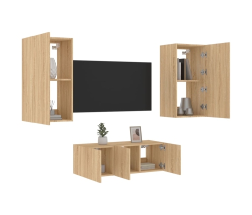 Muebles TV pared con LED 4 pzas madera ingeniería roble Sonoma