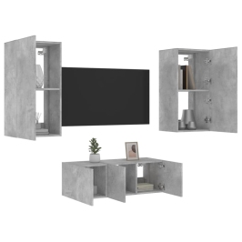 Muebles TV pared con LED 4 pzas madera ingeniería gris hormigón