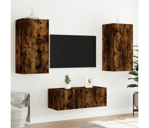 Muebles TV pared con LED 4 pzas madera ingeniería roble ahumado