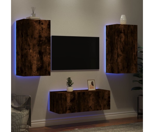 Muebles TV pared con LED 4 pzas madera ingeniería roble ahumado