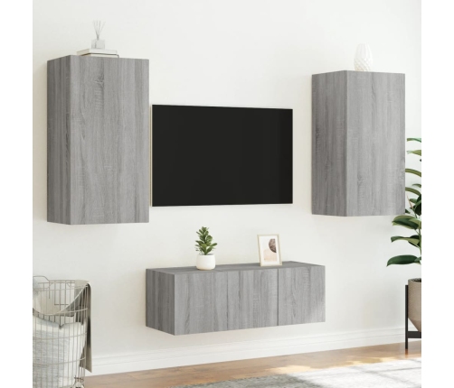 Muebles TV pared con LED 4 pzas madera ingeniería gris Sonoma