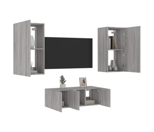 Muebles TV pared con LED 4 pzas madera ingeniería gris Sonoma