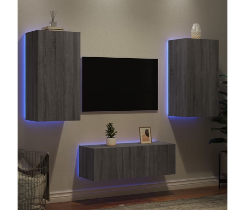 Muebles TV pared con LED 4 pzas madera ingeniería gris Sonoma