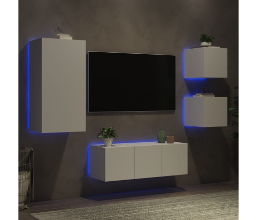 Muebles de TV de pared con LED 5 pzas madera ingeniería blanco