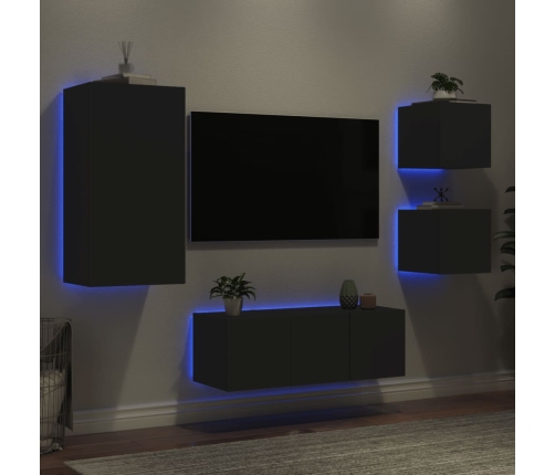 Muebles de TV de pared con LED 5 pzas madera ingeniería negro