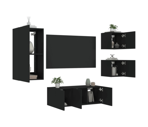 Muebles de TV de pared con LED 5 pzas madera ingeniería negro