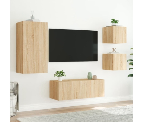 Muebles TV pared con LED 5 pzas madera ingeniería roble Sonoma