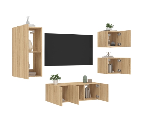 Muebles TV pared con LED 5 pzas madera ingeniería roble Sonoma