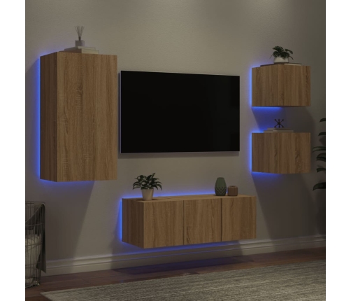 Muebles TV pared con LED 5 pzas madera ingeniería roble Sonoma