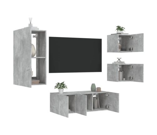 Muebles TV pared con LED 5 pzas madera ingeniería gris hormigón