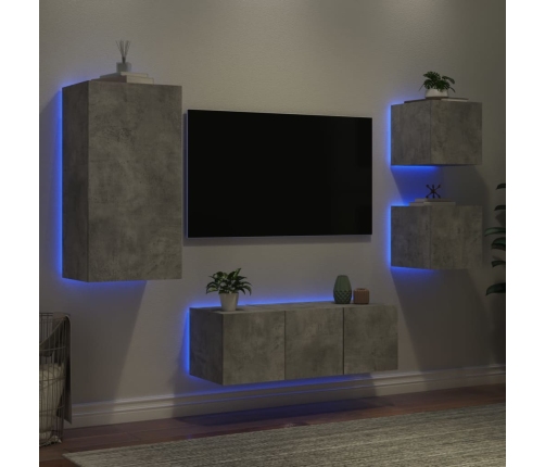 Muebles TV pared con LED 5 pzas madera ingeniería gris hormigón