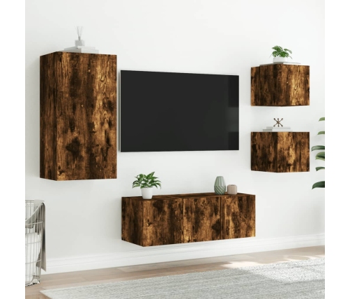 Muebles TV pared con LED 5 pzas madera ingeniería roble ahumado