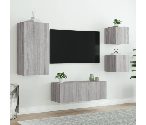 Muebles TV pared con LED 5 pzas madera ingeniería gris Sonoma