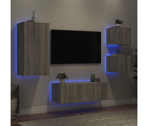 Muebles TV pared con LED 5 pzas madera ingeniería gris Sonoma