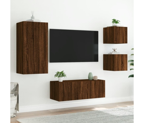 Muebles TV pared con LED 5 pzas madera ingeniería marrón roble