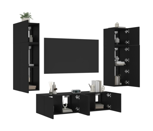 Muebles de TV de pared con LED 6 pzas madera ingeniería negro