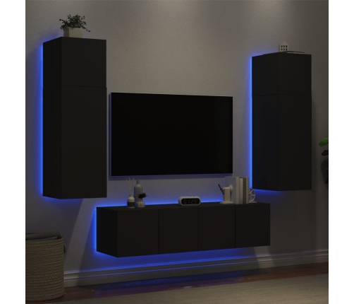 Muebles de TV de pared con LED 6 pzas madera ingeniería negro