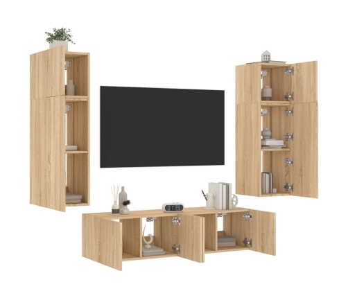 Muebles TV pared con LED 6 pzas madera ingeniería roble Sonoma