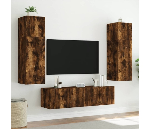 Muebles TV pared con LED 6 pzas madera ingeniería roble ahumado