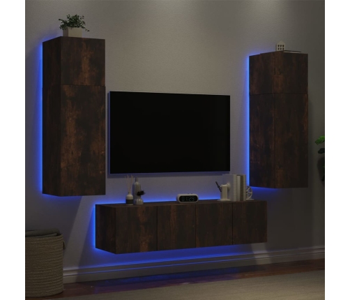 Muebles TV pared con LED 6 pzas madera ingeniería roble ahumado