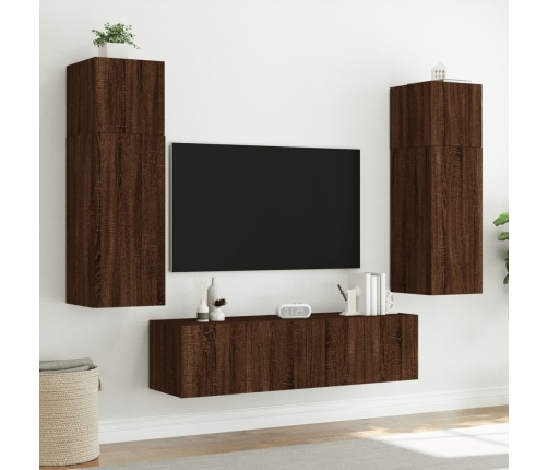 Muebles TV pared con LED 6 pzas madera ingeniería marrón roble