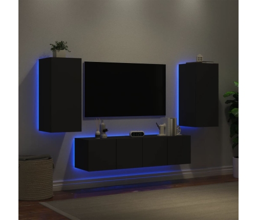 Muebles de TV de pared con LED 4 pzas madera ingeniería negro