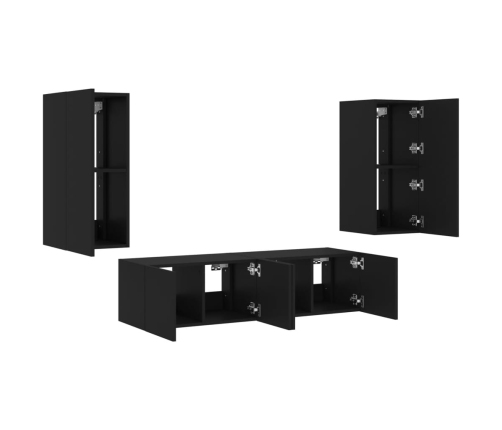 Muebles de TV de pared con LED 4 pzas madera ingeniería negro