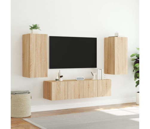 Muebles TV pared con LED 4 pzas madera ingeniería roble Sonoma