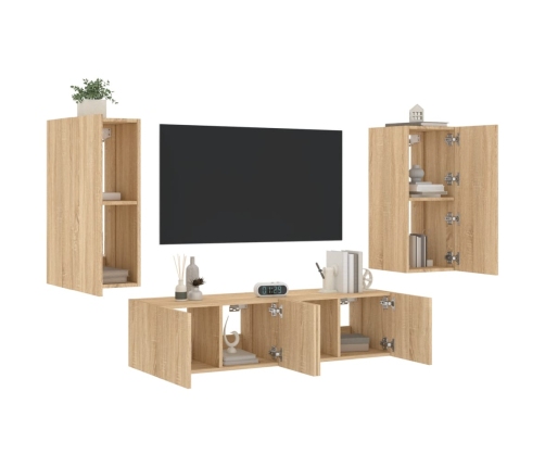 Muebles TV pared con LED 4 pzas madera ingeniería roble Sonoma