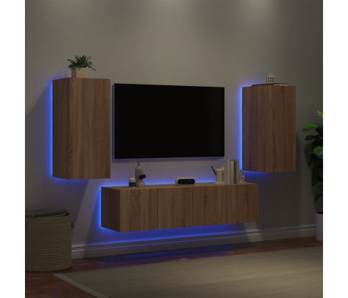 Muebles TV pared con LED 4 pzas madera ingeniería roble Sonoma