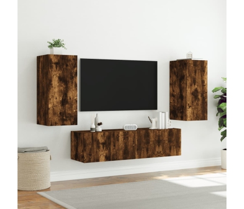 Muebles TV pared con LED 4 pzas madera ingeniería roble ahumado