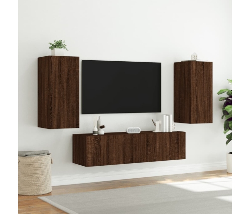 Muebles TV pared con LED 4 pzas madera ingeniería marrón roble