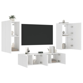 Muebles de TV de pared con LED 4 pzas madera ingeniería blanco