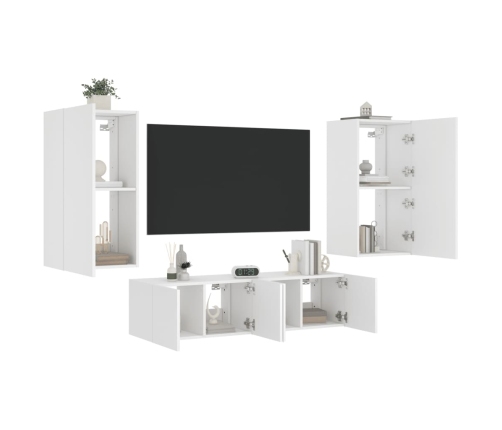 Muebles de TV de pared con LED 4 pzas madera ingeniería blanco