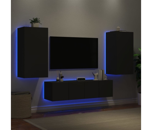 Muebles de TV de pared con LED 4 pzas madera ingeniería negro