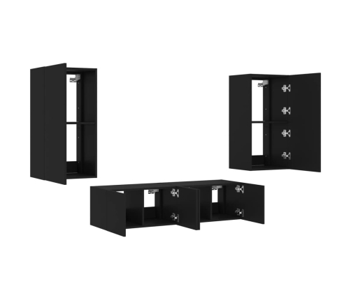 Muebles de TV de pared con LED 4 pzas madera ingeniería negro