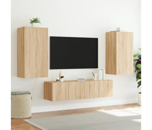 Muebles TV pared con LED 4 pzas madera ingeniería roble Sonoma