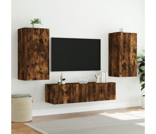 Muebles TV pared con LED 4 pzas madera ingeniería roble ahumado