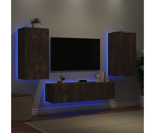 Muebles TV pared con LED 4 pzas madera ingeniería roble ahumado