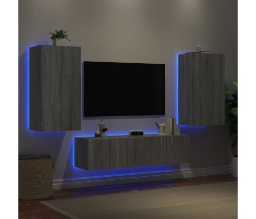 Muebles TV pared con LED 4 pzas madera ingeniería gris Sonoma