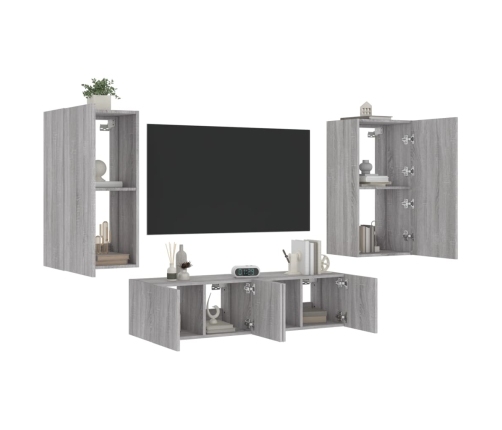 Muebles TV pared con LED 4 pzas madera ingeniería gris Sonoma