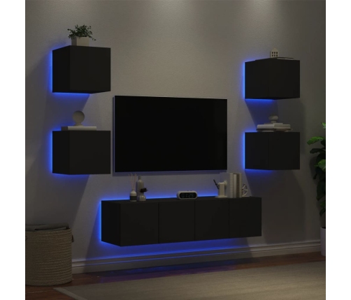 Muebles de TV de pared con LED 6 pzas madera ingeniería negro