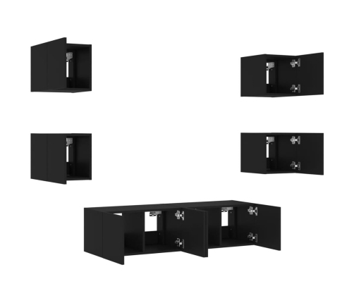 Muebles de TV de pared con LED 6 pzas madera ingeniería negro