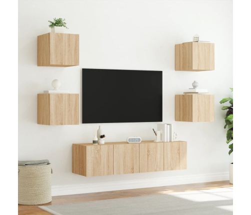 Muebles TV pared con LED 6 pzas madera ingeniería roble Sonoma