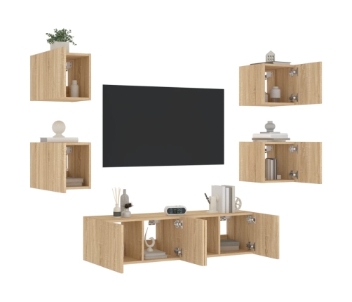 Muebles TV pared con LED 6 pzas madera ingeniería roble Sonoma