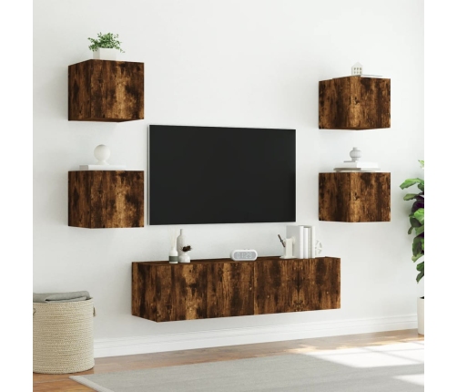 Muebles TV pared con LED 6 pzas madera ingeniería roble ahumado